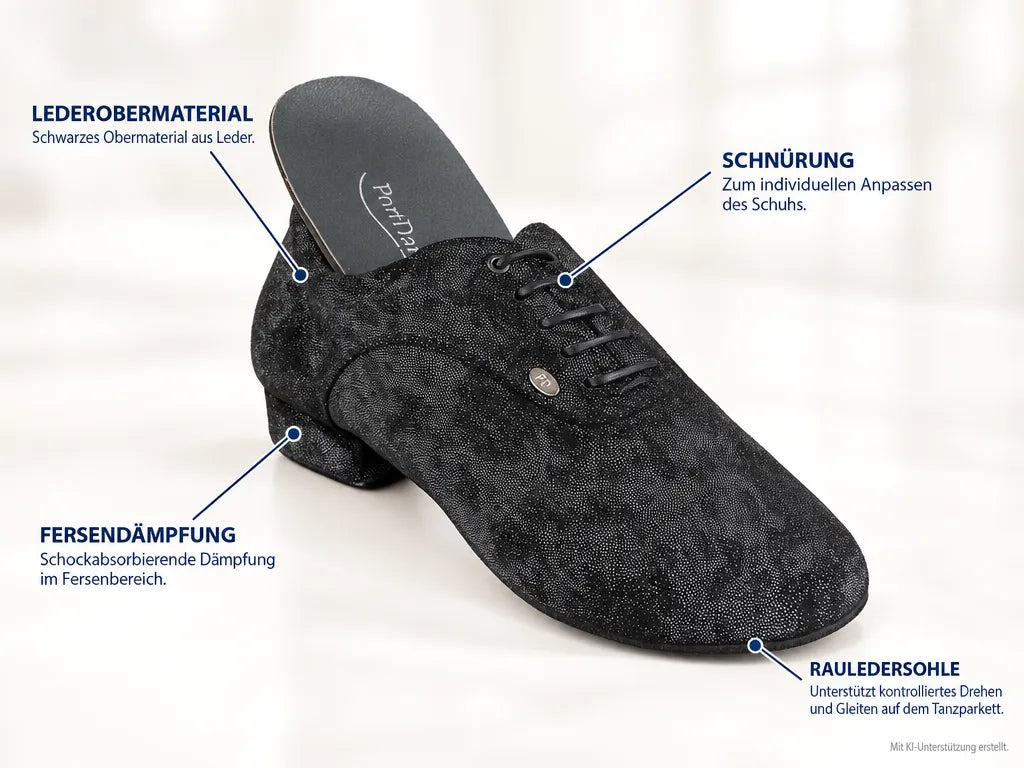 PortDance Herren Tanzschuhe PD PEDRO Schwarz – Produktinfografik, mit KI-Unterstützung erstellt.