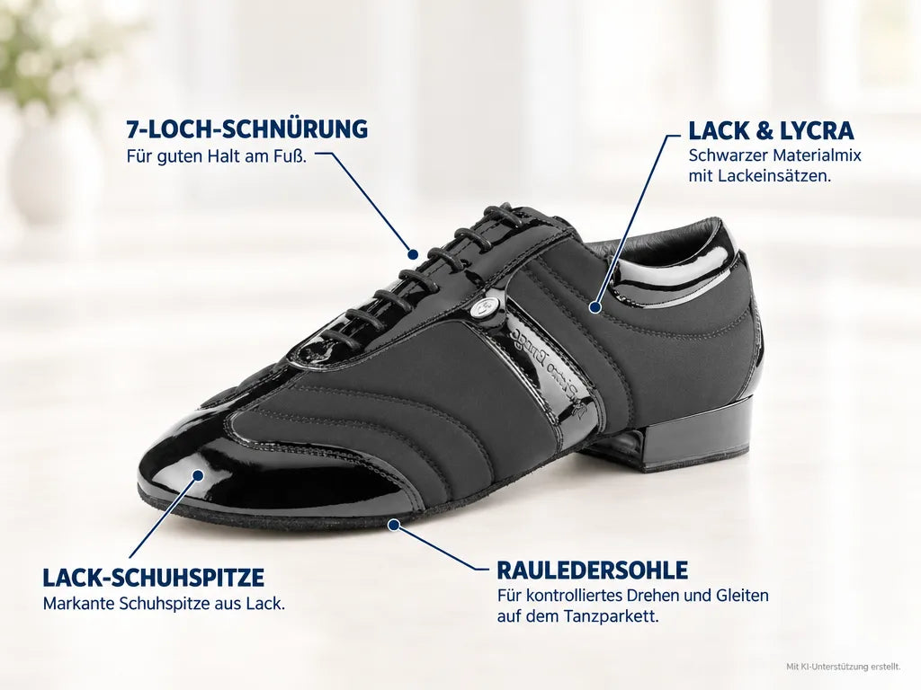PortDance Herren Tanzschuhe PD Pietro Premium – Produktinfografik, mit KI-Unterstützung erstellt.