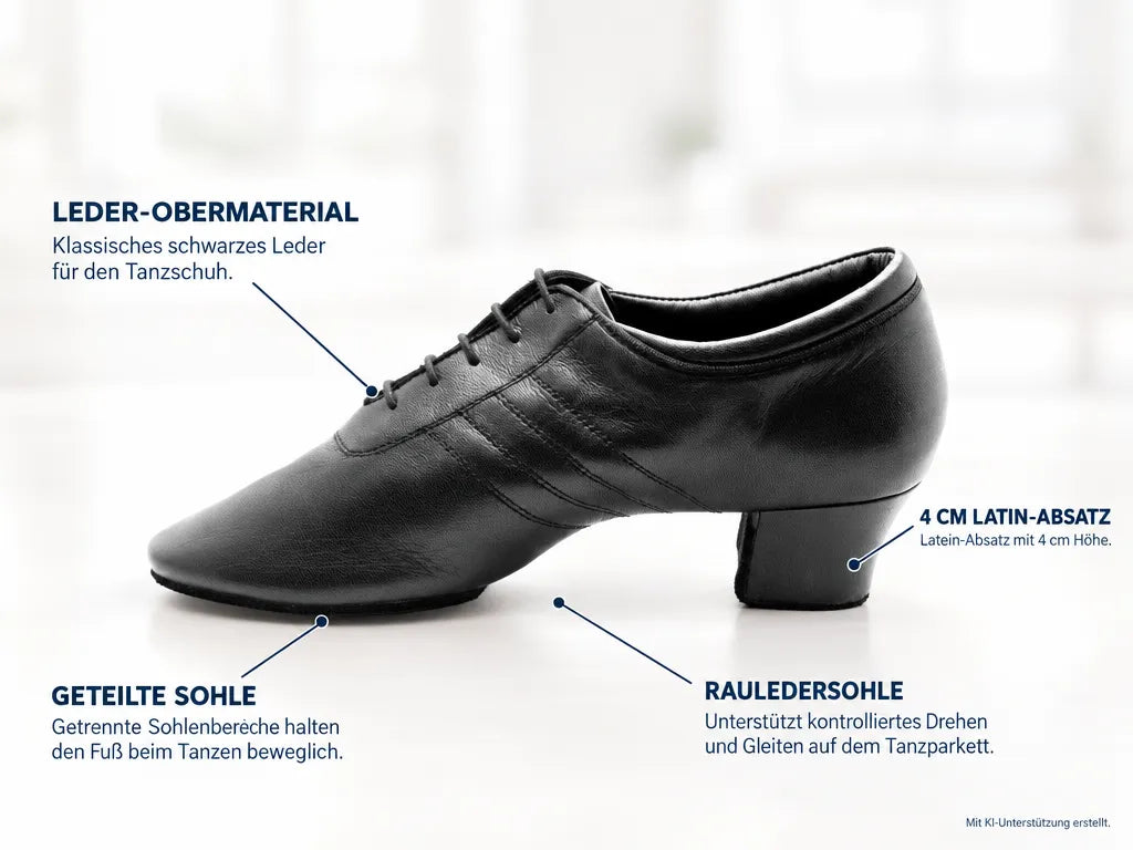 PortDance Herren Tanzschuhe PD008 – Produktinfografik, mit KI-Unterstützung erstellt.