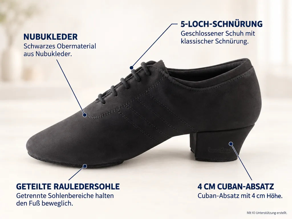 PortDance Herren Tanzschuhe PD008 – Produktinfografik, mit KI-Unterstützung erstellt.
