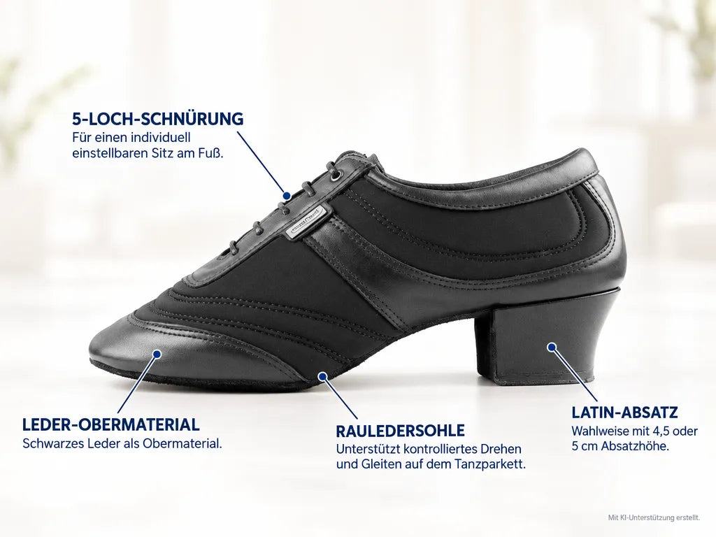 PortDance Herren Tanzschuhe PD013 – Produktinfografik, mit KI-Unterstützung erstellt.
