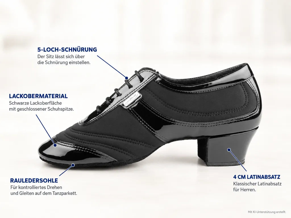 PortDance Herren Tanzschuhe PD013 Lack/Lycra – Produktinfografik, mit KI-Unterstützung erstellt.