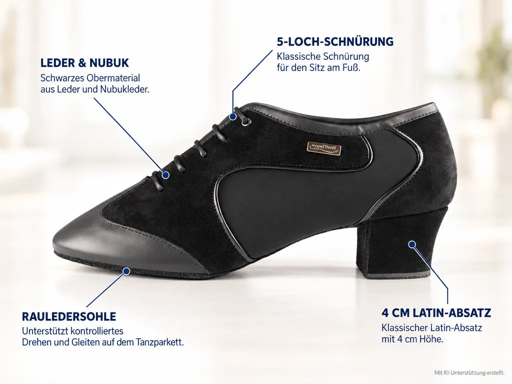 PortDance Herren Tanzschuhe PD014 – Produktinfografik, mit KI-Unterstützung erstellt.