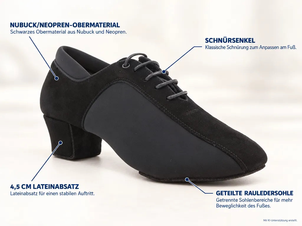 PortDance Herren Tanzschuhe PD015 – Produktinfografik, mit KI-Unterstützung erstellt.