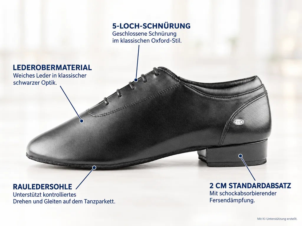 PortDance Herren Tanzschuhe PD016 – Produktinfografik, mit KI-Unterstützung erstellt.
