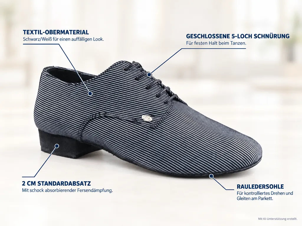 PortDance Herren Tanzschuhe PD018 – Produktinfografik, mit KI-Unterstützung erstellt.