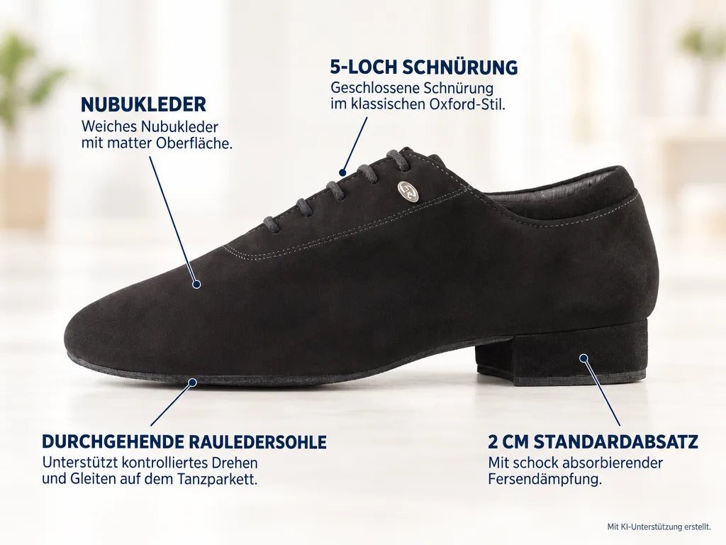 PortDance Herren Tanzschuhe PD020 Nubuck – Produktinfografik, mit KI-Unterstützung erstellt.