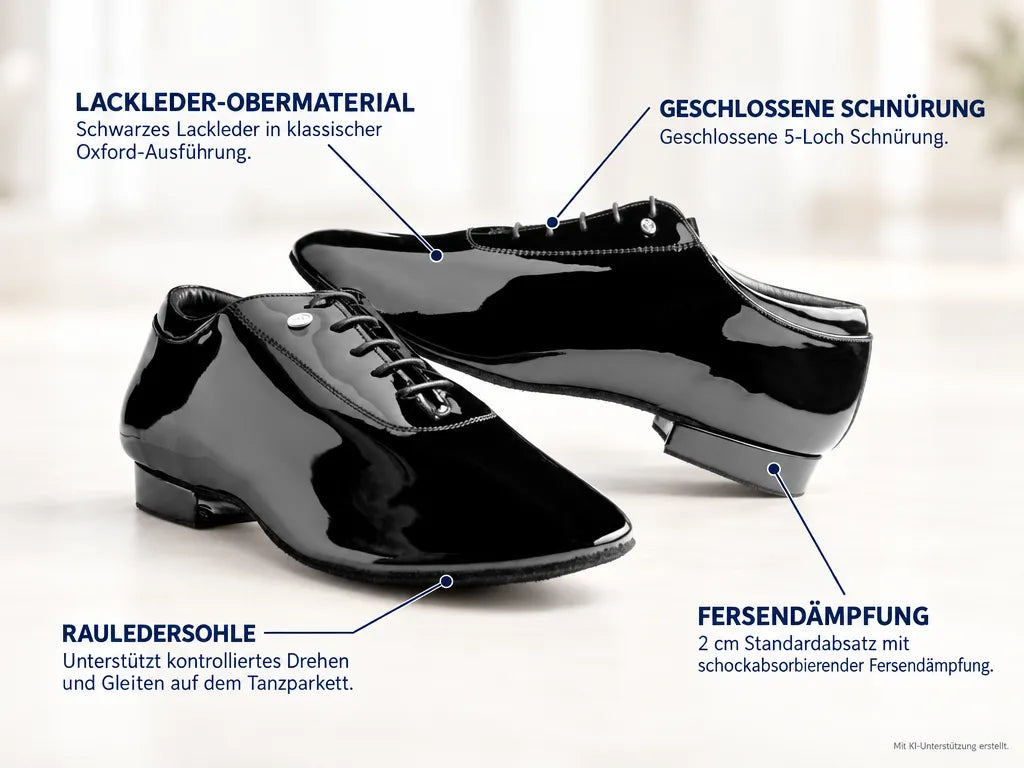 PortDance Herren Tanzschuhe PD020 Patent – Produktinfografik, mit KI-Unterstützung erstellt.