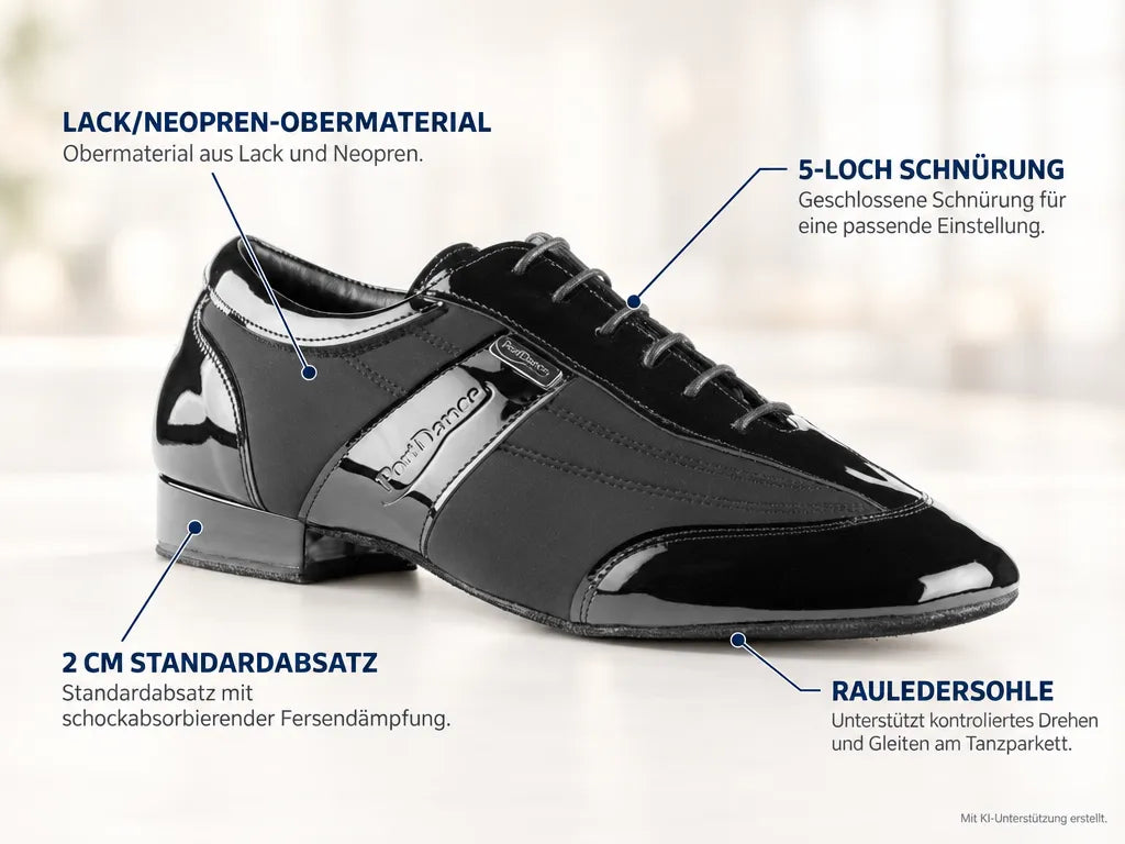 PortDance Herren Tanzschuhe PD024 – Produktinfografik, mit KI-Unterstützung erstellt.