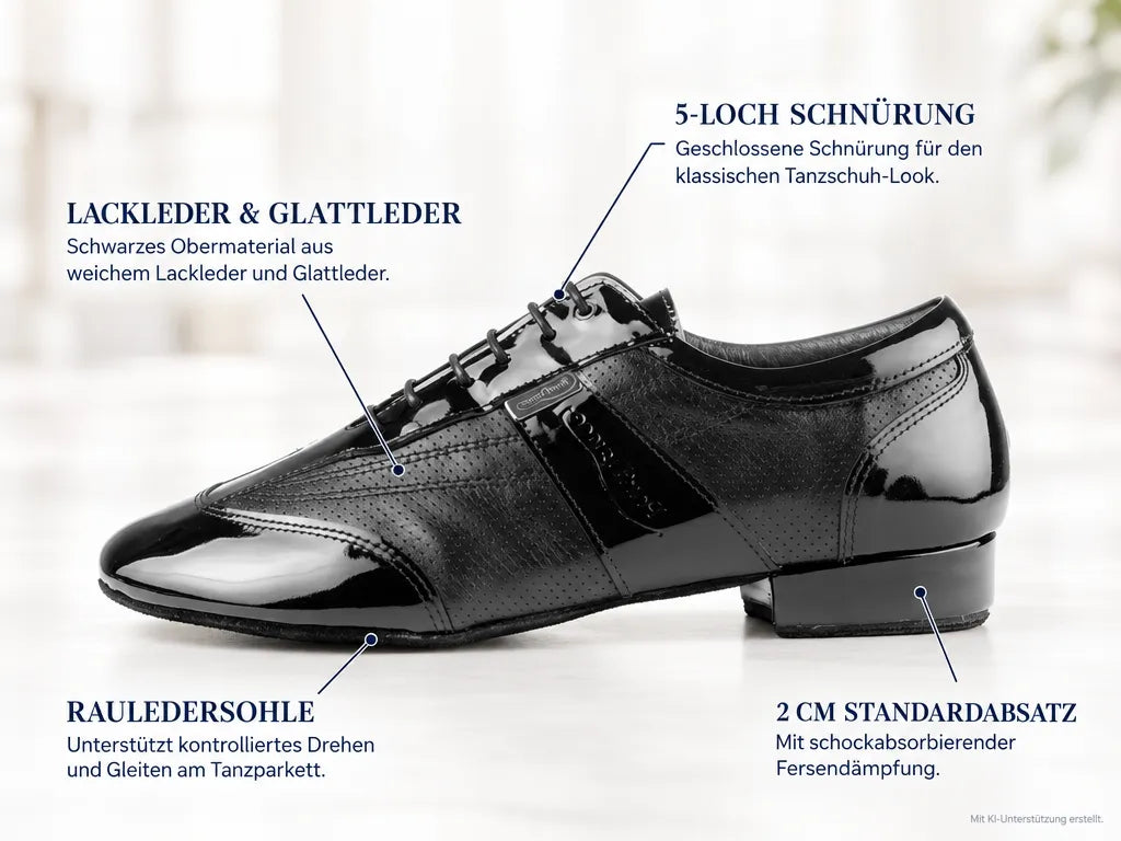 PortDance Herren Tanzschuhe PD024 – Produktinfografik, mit KI-Unterstützung erstellt.