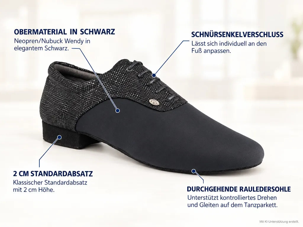 PortDance Herren Tanzschuhe PD030 – Produktinfografik, mit KI-Unterstützung erstellt.