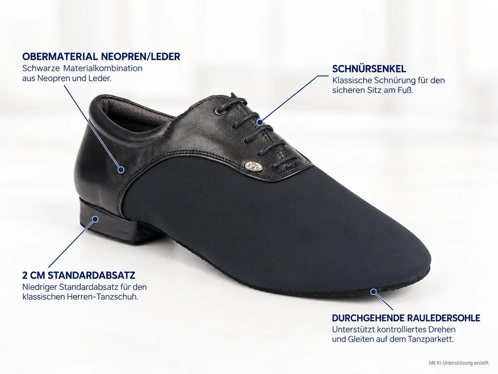 PortDance Herren Tanzschuhe PD030 – Produktinfografik, mit KI-Unterstützung erstellt.