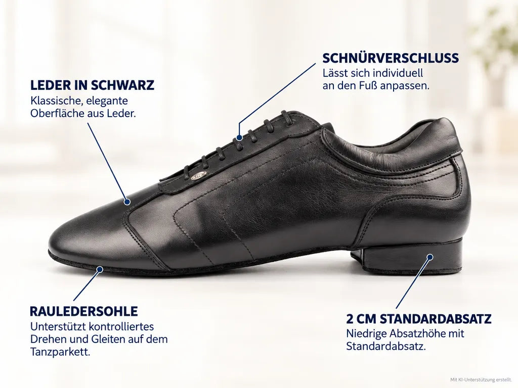 PortDance Herren Tanzschuhe PD035 – Produktinfografik, mit KI-Unterstützung erstellt.
