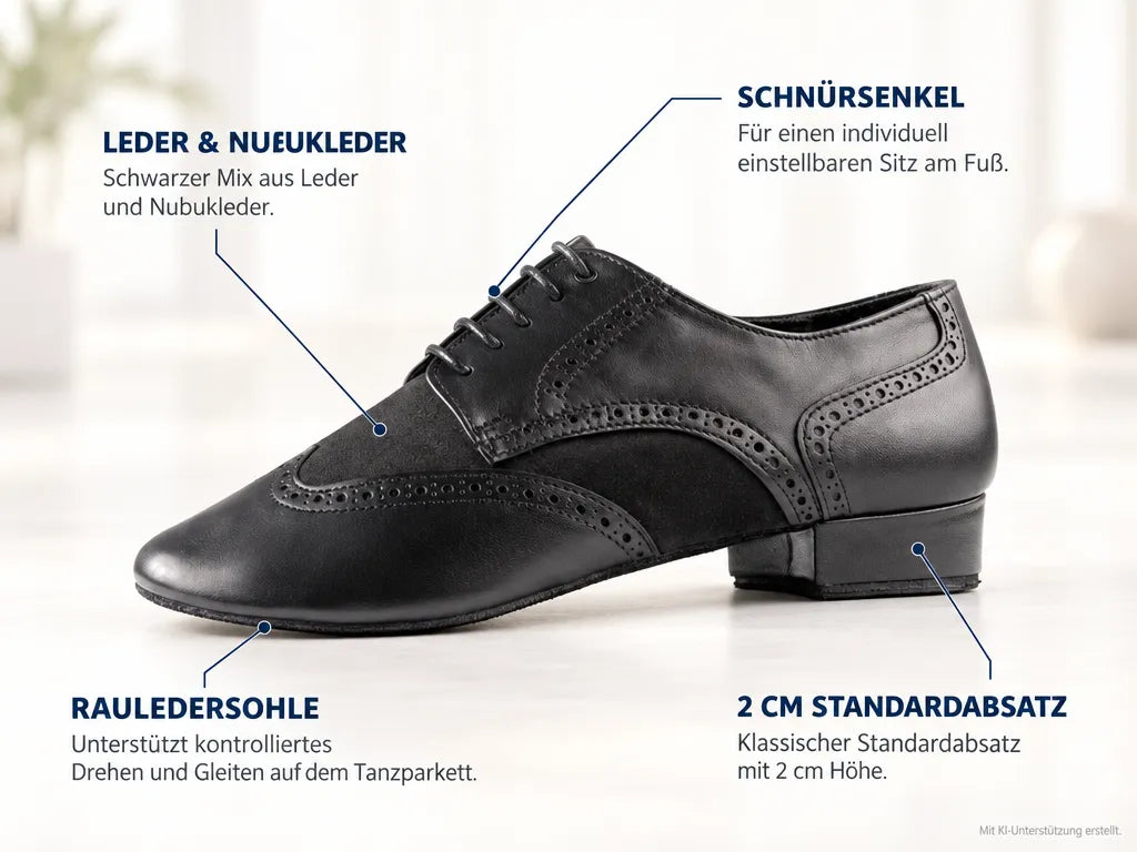 PortDance Herren Tanzschuhe PD042 Tango – Produktinfografik, mit KI-Unterstützung erstellt.