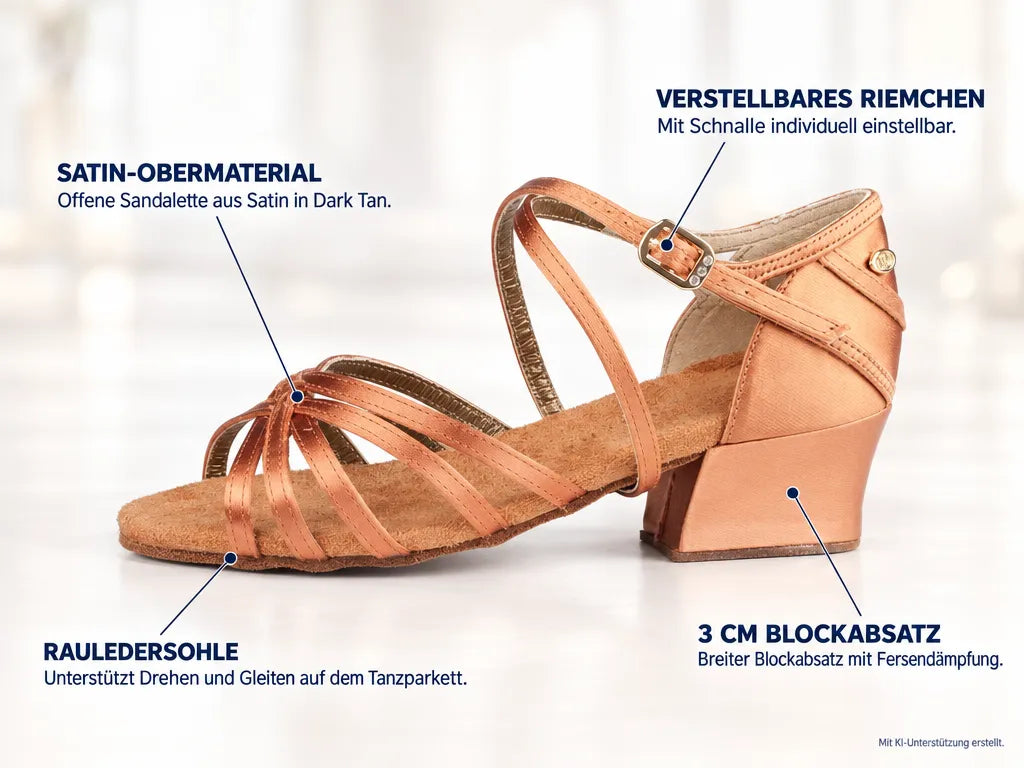 PortDance Mädchen Tanzschuhe PD301 Dark Tan 3 cm – Produktinfografik, mit KI-Unterstützung erstellt.