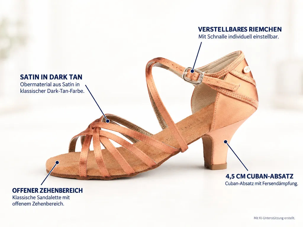 PortDance Mädchen Tanzschuhe PD301 Dark Tan 4,5 cm – Produktinfografik, mit KI-Unterstützung erstellt.