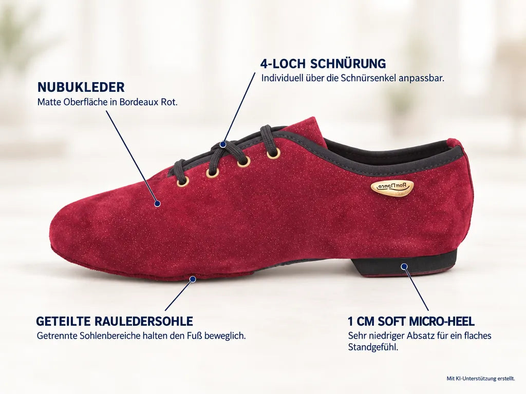 PortDance Tanzschuhe/Jazz Sneakers PD J001 Bordeaux – Produktinfografik, mit KI-Unterstützung erstellt.