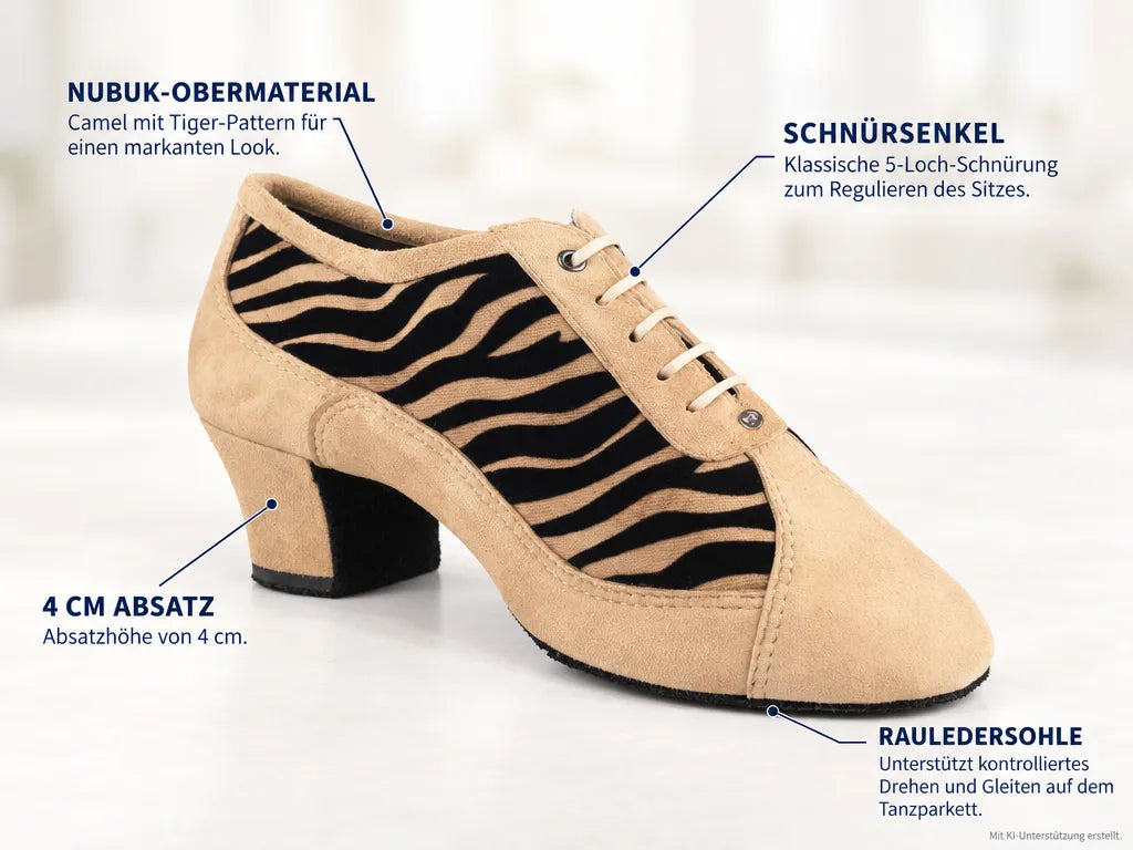PortDance Trainerschuhe PD703 | Camel / Tiger – Produktinfografik, mit KI-Unterstützung erstellt.