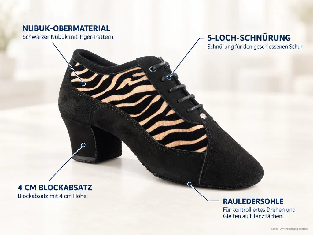 PortDance Trainerschuhe PD703 | Schwarz / Tiger – Produktinfografik, mit KI-Unterstützung erstellt.