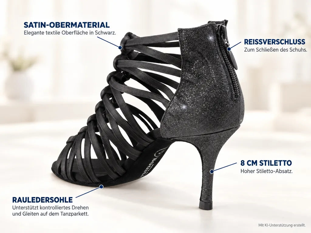 Rummos Damen Tanzschuhe Bachata 01 041-131 80E – Produktinfografik, mit KI-Unterstützung erstellt.