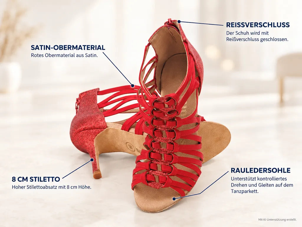 Rummos Damen Tanzschuhe Bachata 01 049-135 80E – Produktinfografik, mit KI-Unterstützung erstellt.