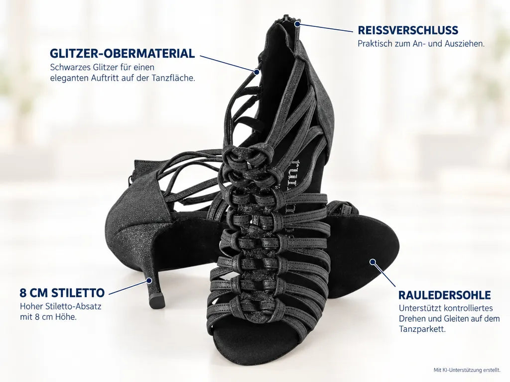 Rummos Damen Tanzschuhe Bachata 01 131 – Produktinfografik, mit KI-Unterstützung erstellt.
