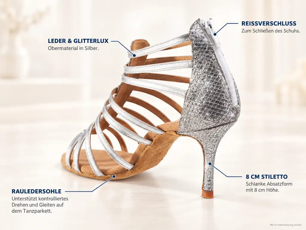 Rummos Damen Tanzschuhe Bachata 03 009-GT9 – Produktinfografik, mit KI-Unterstützung erstellt.