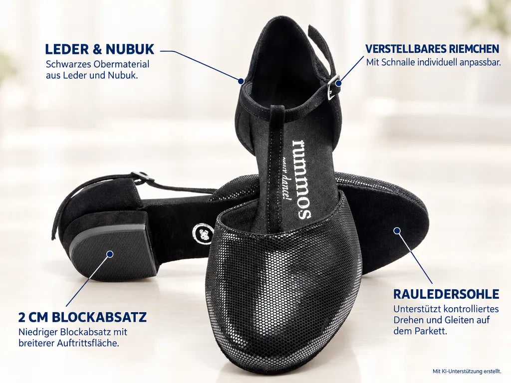 Rummos Damen Tanzschuhe Carol 061-024 20B – Produktinfografik, mit KI-Unterstützung erstellt.