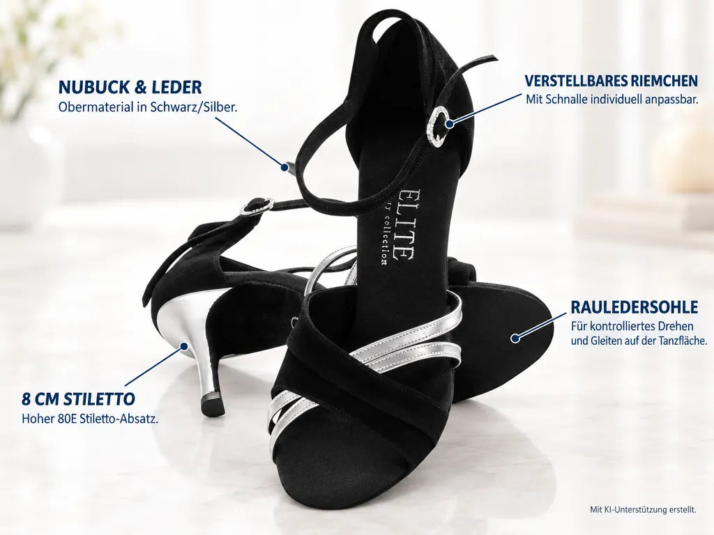 Rummos Damen Tanzschuhe Elite Athena 024/009 – Produktinfografik, mit KI-Unterstützung erstellt.
