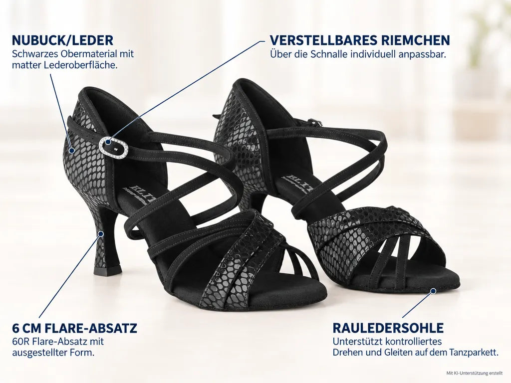 Rummos Damen Tanzschuhe Elite Athena 171/024 – Produktinfografik, mit KI-Unterstützung erstellt.