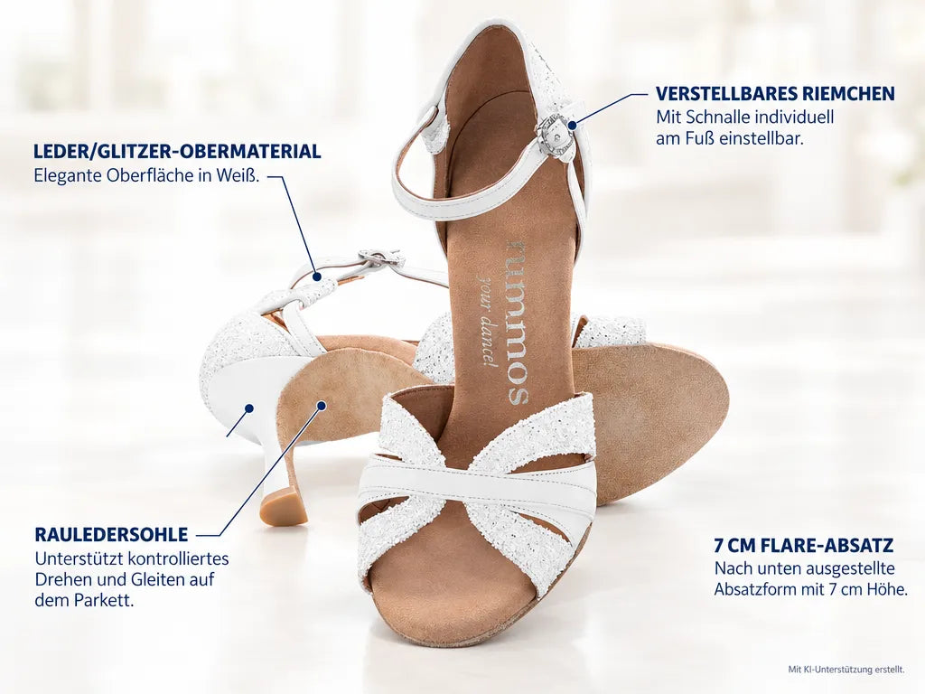 Rummos Damen Tanzschuhe Elite Aura 004/GS4 – Produktinfografik, mit KI-Unterstützung erstellt.
