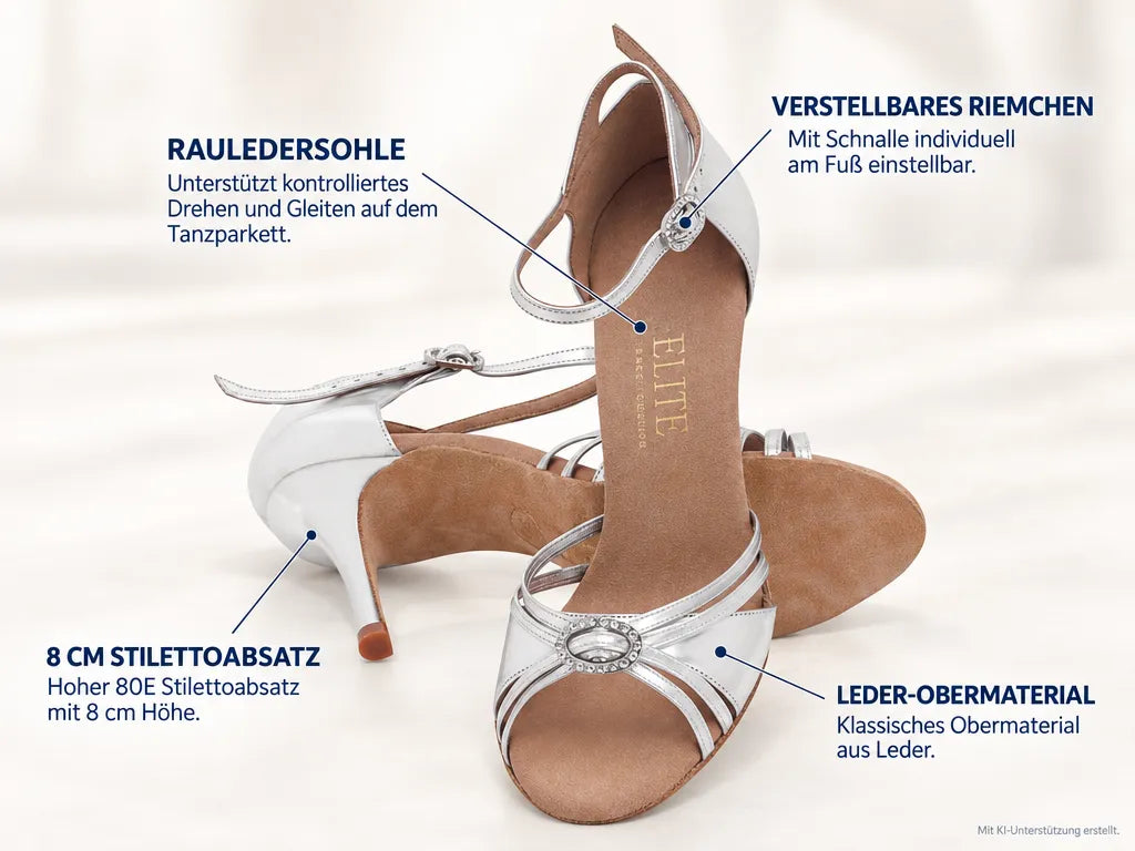 Rummos Damen Tanzschuhe Elite Bella 009 – Produktinfografik, mit KI-Unterstützung erstellt.
