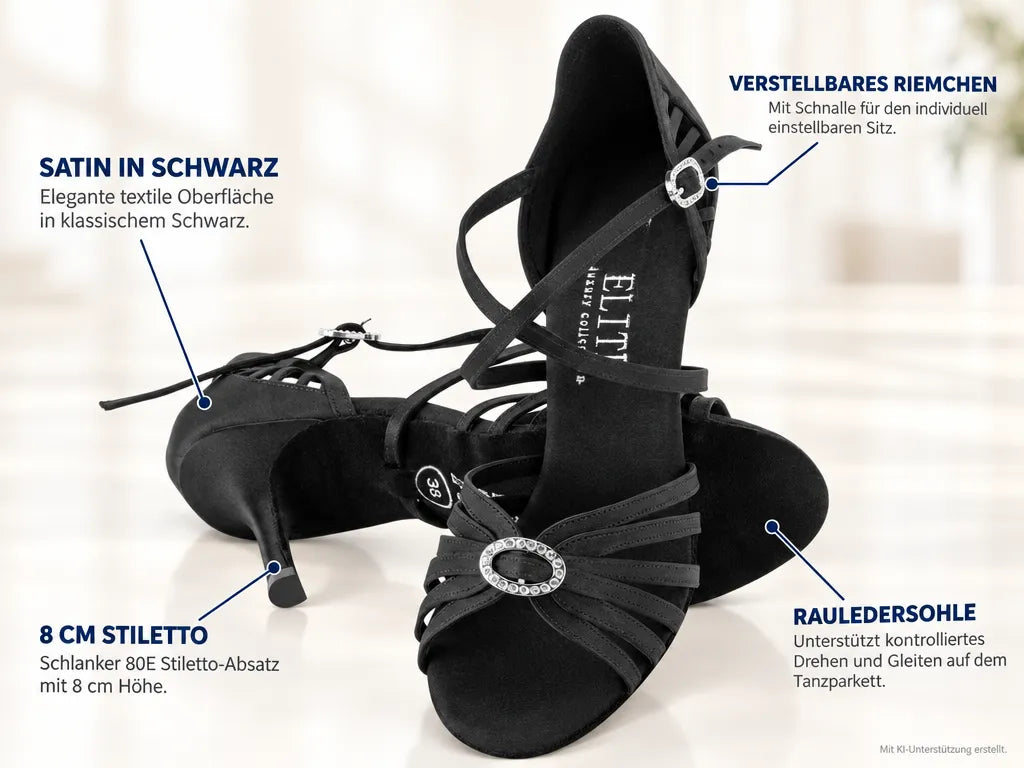 Rummos Damen Tanzschuhe Elite Celine 041 – Produktinfografik, mit KI-Unterstützung erstellt.