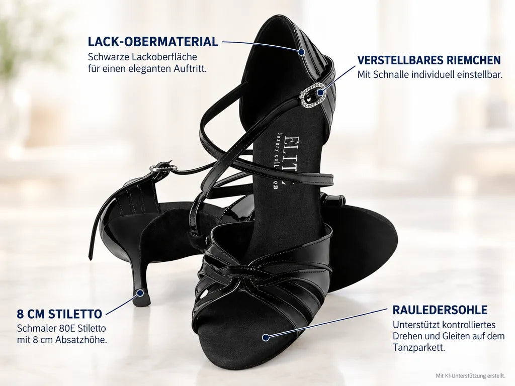 Rummos Damen Tanzschuhe Elite Paris 035 – Produktinfografik, mit KI-Unterstützung erstellt.