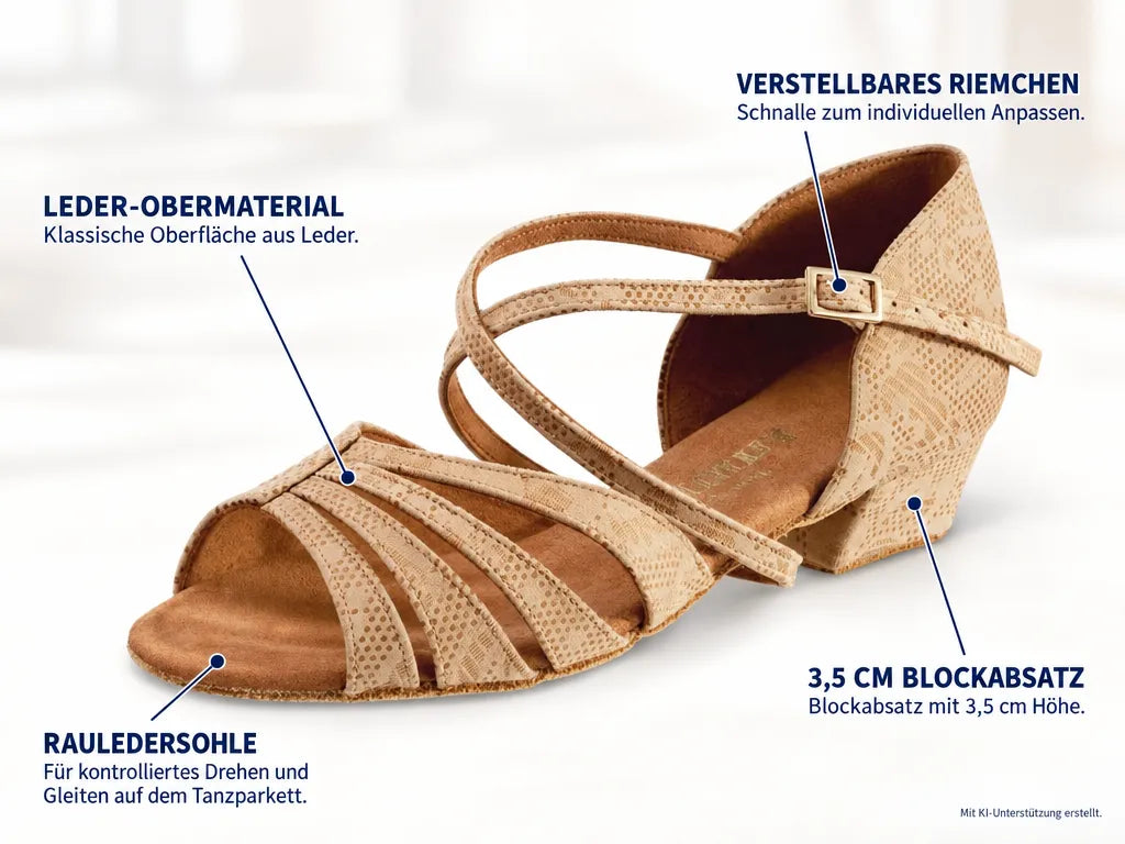 Rummos Damen Tanzschuhe Kayla 113 – Produktinfografik, mit KI-Unterstützung erstellt.