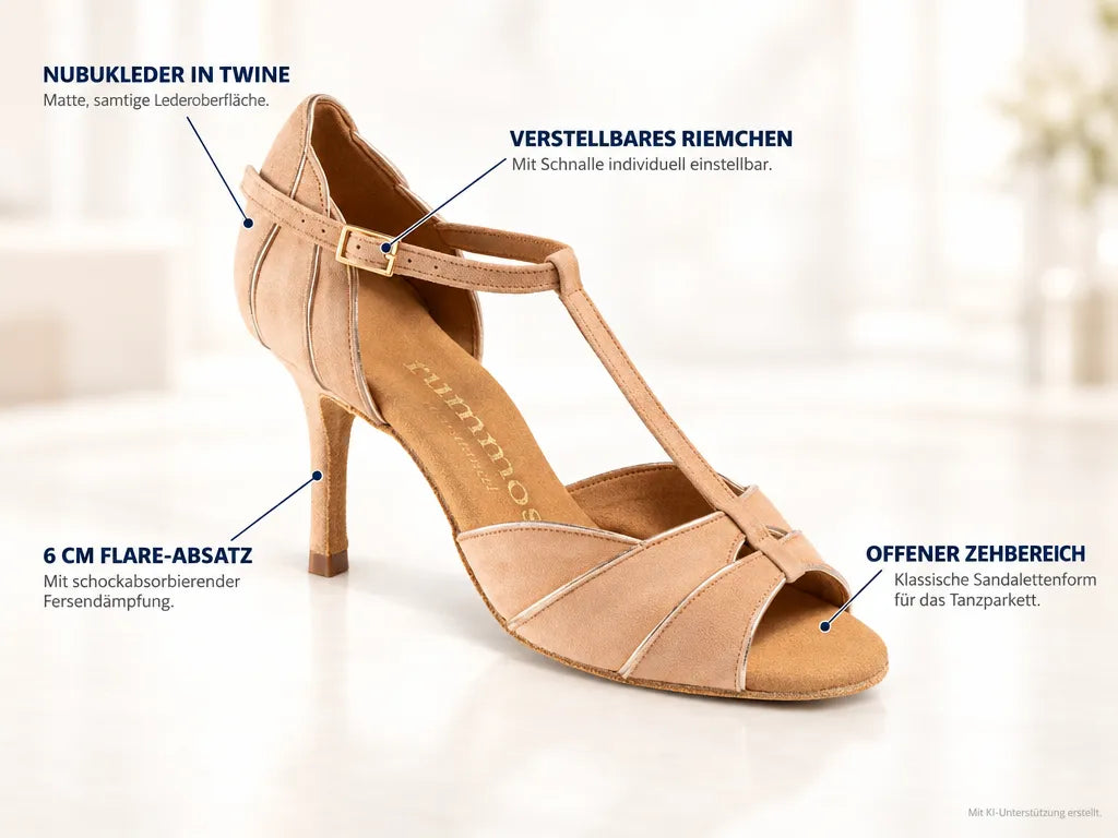 Rummos Damen Tanzschuhe Leonor-T 122 60R – Produktinfografik, mit KI-Unterstützung erstellt.