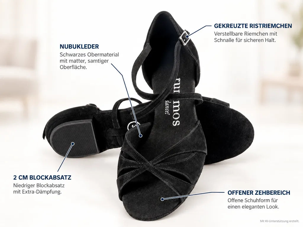 Rummos Damen Tanzschuhe Lola 024 20B – Produktinfografik, mit KI-Unterstützung erstellt.
