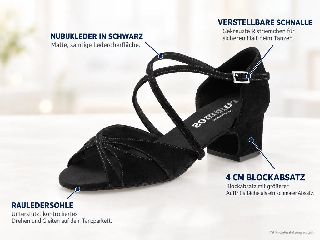 Rummos Damen Tanzschuhe Lola 024 BL40 – Produktinfografik, mit KI-Unterstützung erstellt.