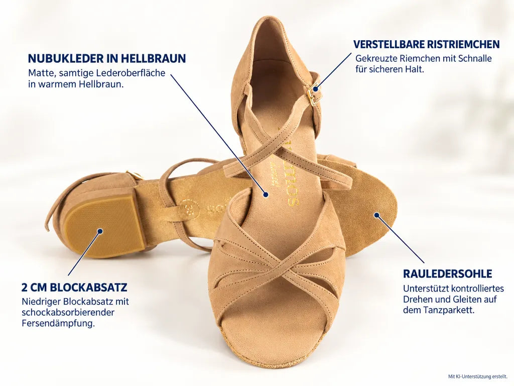 Rummos Damen Tanzschuhe Lola 027 20B – Produktinfografik, mit KI-Unterstützung erstellt.