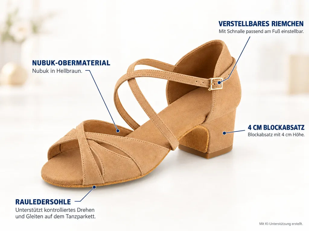 Rummos Damen Tanzschuhe Lola 027 BL40 – Produktinfografik, mit KI-Unterstützung erstellt.