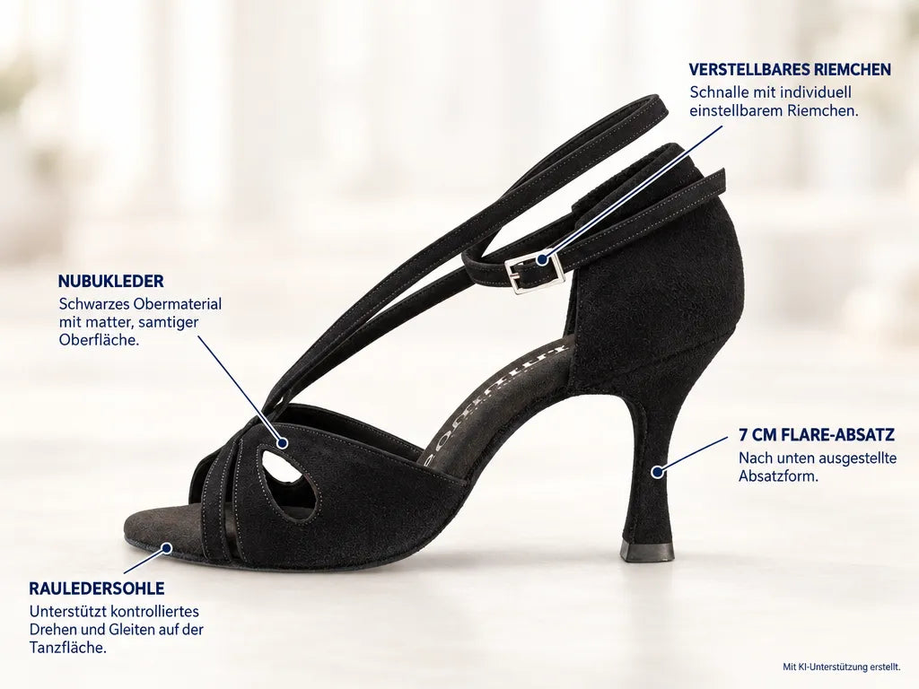 Rummos Damen Tanzschuhe R306 024 – Produktinfografik, mit KI-Unterstützung erstellt.