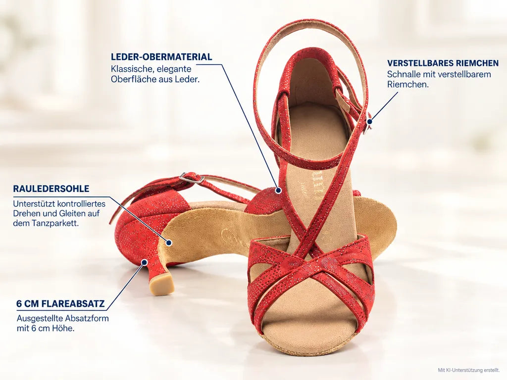 Rummos Damen Tanzschuhe R306 118 – Produktinfografik, mit KI-Unterstützung erstellt.