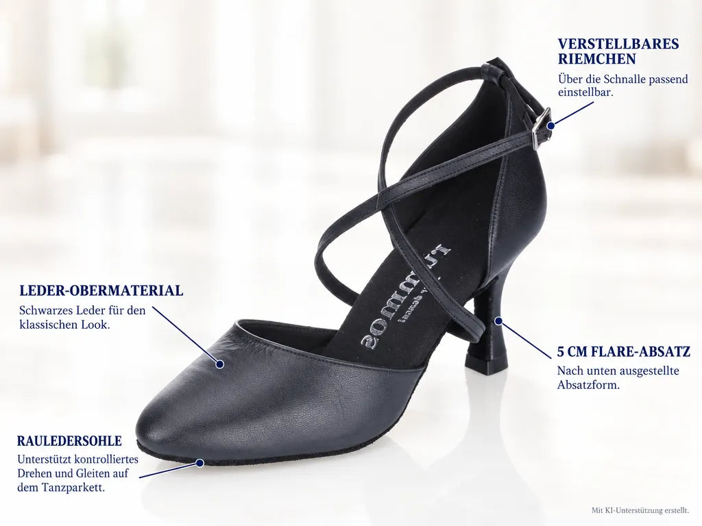 Rummos Damen Tanzschuhe R329 001 – Produktinfografik, mit KI-Unterstützung erstellt.