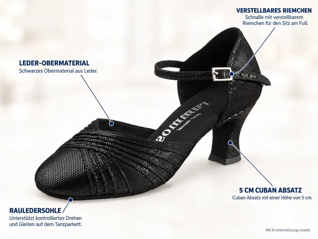 Rummos Damen Tanzschuhe R346 061 – Produktinfografik, mit KI-Unterstützung erstellt.