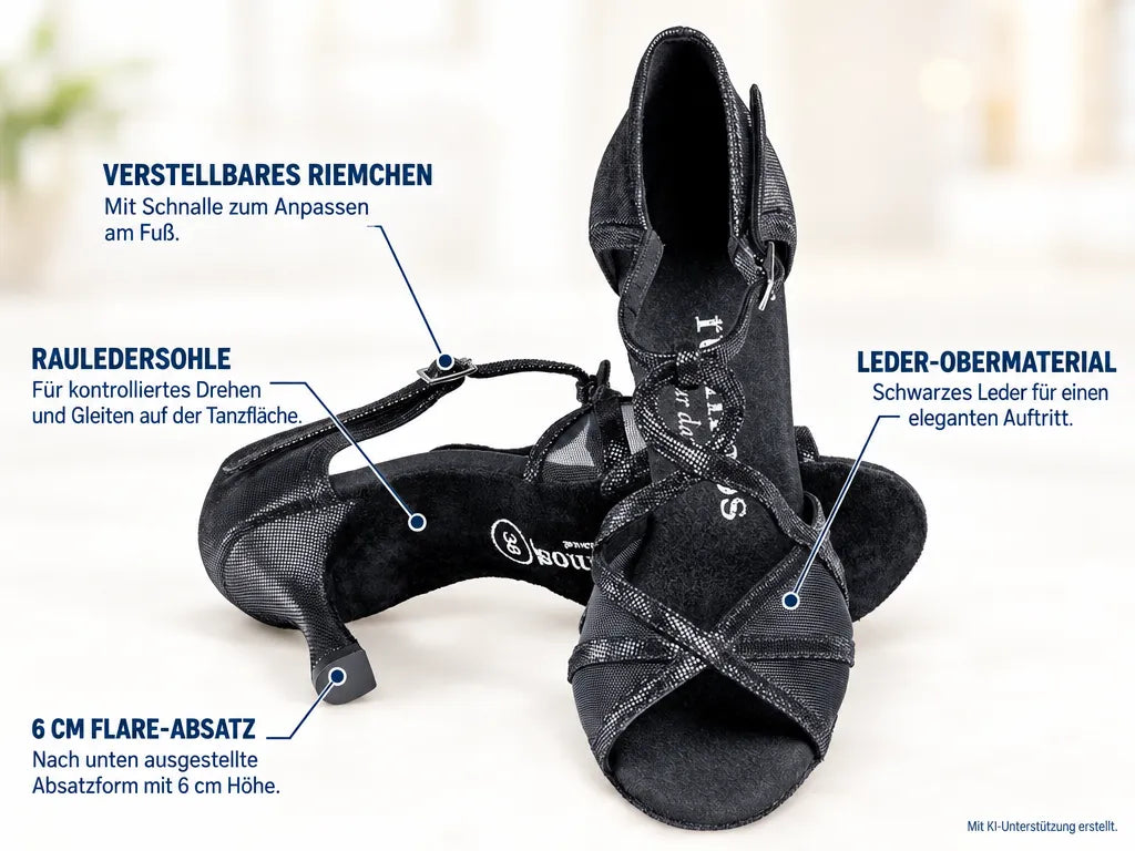 Rummos Damen Tanzschuhe R365 061 – Produktinfografik, mit KI-Unterstützung erstellt.