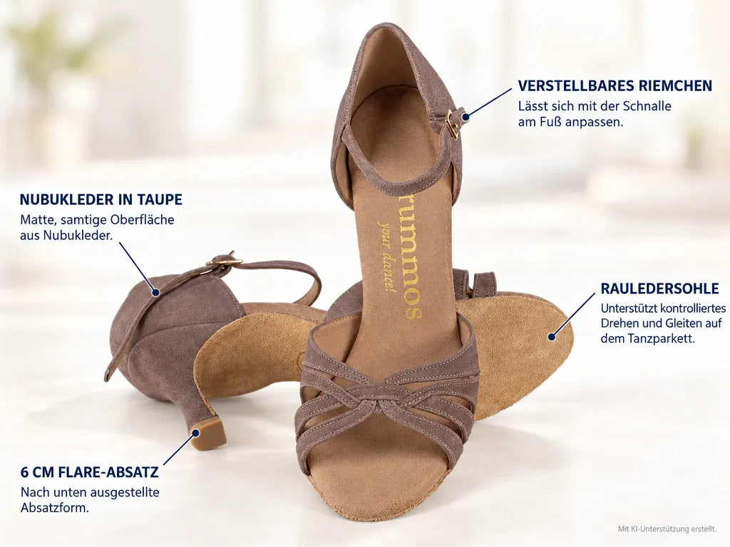 Rummos Damen Tanzschuhe R383 023 – Produktinfografik, mit KI-Unterstützung erstellt.