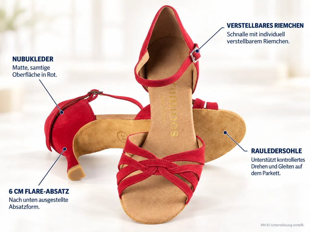 Rummos Damen Tanzschuhe R383 028 – Produktinfografik, mit KI-Unterstützung erstellt.