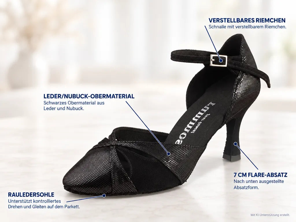Rummos Damen Tanzschuhe R405 061-024 – Produktinfografik, mit KI-Unterstützung erstellt.
