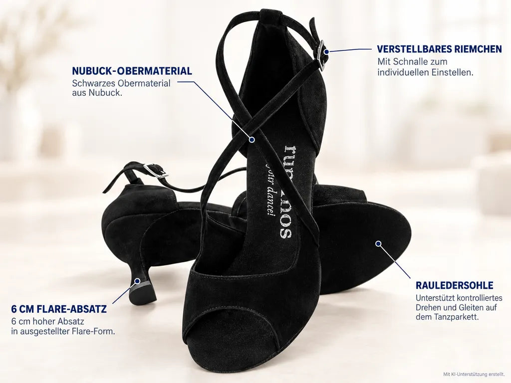 Rummos Damen Tanzschuhe R545 024 – Produktinfografik, mit KI-Unterstützung erstellt.