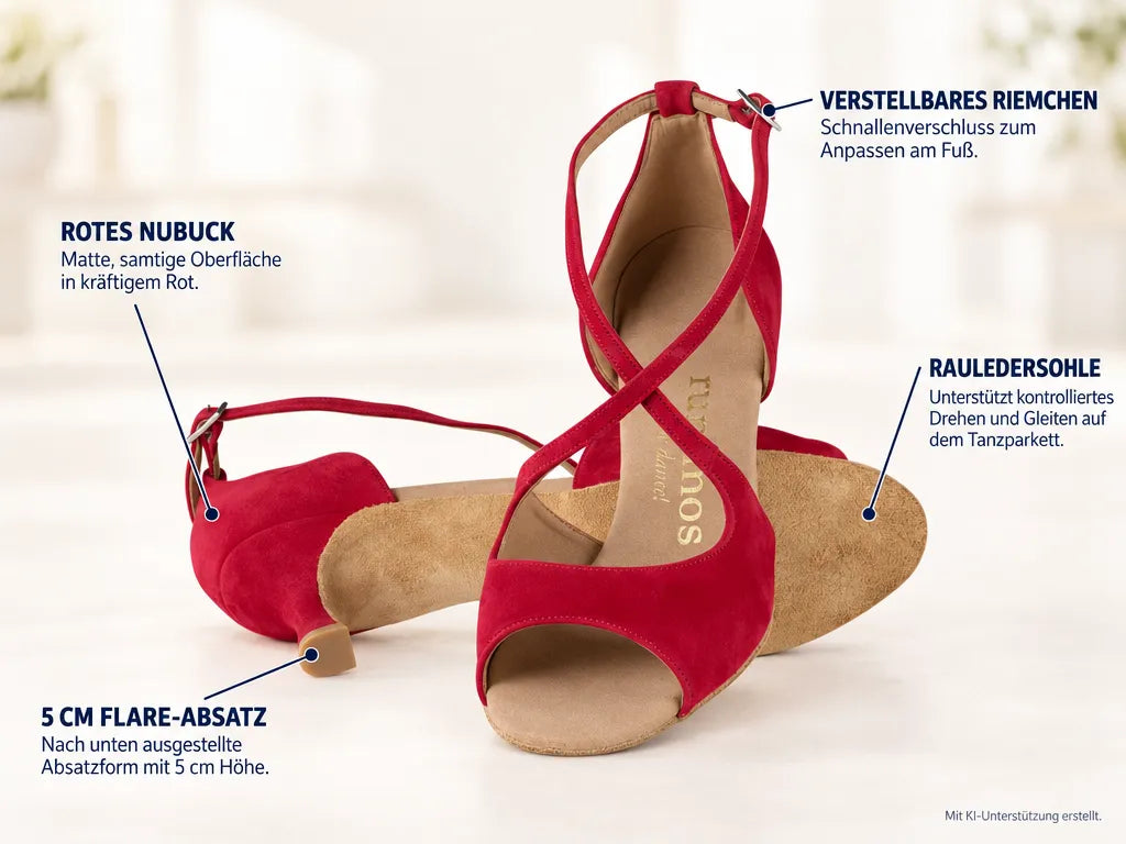 Rummos Damen Tanzschuhe R545 028 – Produktinfografik, mit KI-Unterstützung erstellt.